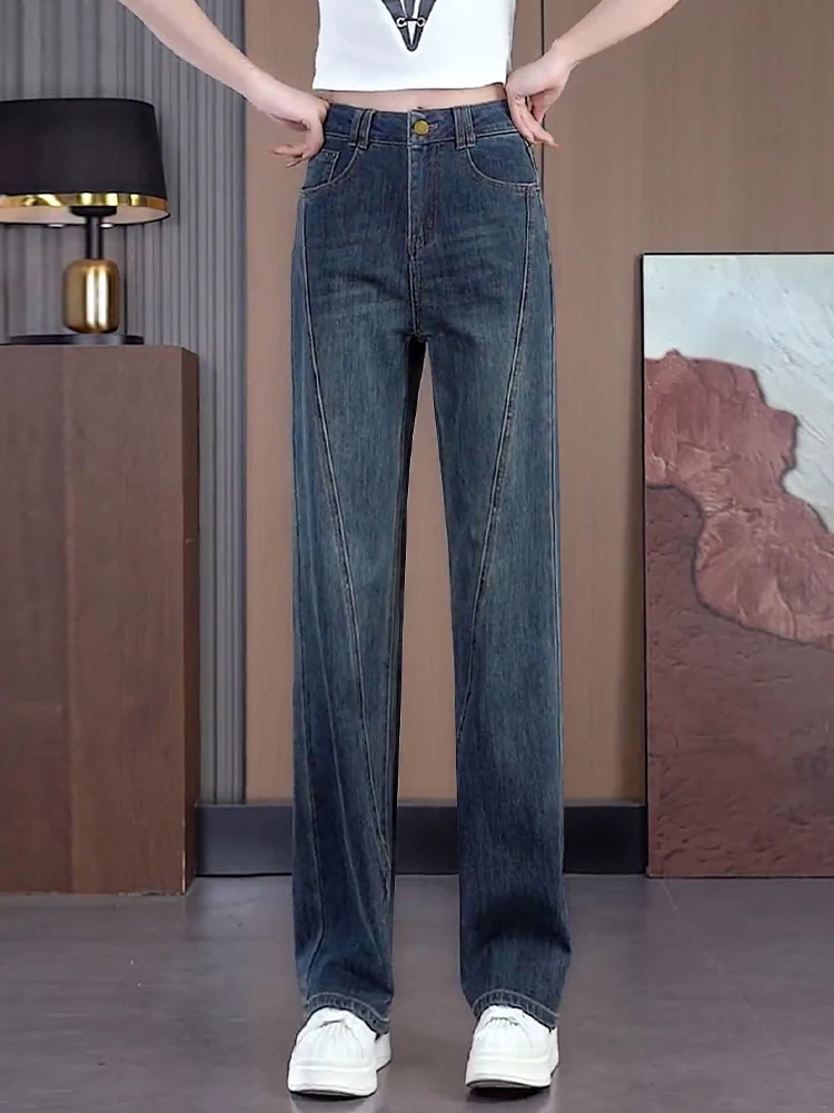 

Джинсы с высокой талией и прямыми штанинами для женщин, весенне-осенние, свободные, стройнящие, повседневные брюки, струящиеся, узкого кроя, широкие брюки