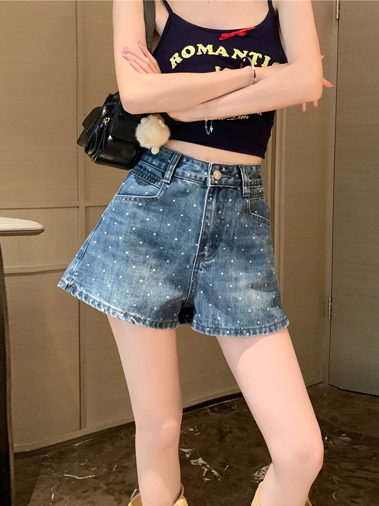 Retro High Waist Polka Dot Denim Shorts Versatile Slimming A-Line Loose Leg Hot Pants for Young Women Summer Casual Wear