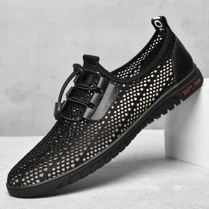 

Summer Mesh Shoes Brand Lace Up Men Breathable Cool Leather Outdoor Hiking Shoes Flat Comfty Casual Man Walking Sports Low Shoes
