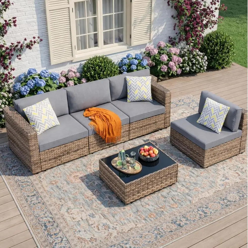 

All-Weather Wicker Outdoor Sectional Sofa Set with Grey Cushions for Patio, Deck, Garden & Poolside