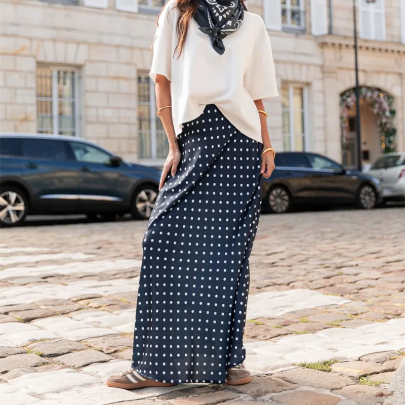 Femmes été élégant soyeux Y2k Vintage à pois imprimé pure dentelle florale garniture ourlet Patchwork Satin soie a-ligne jupes longues