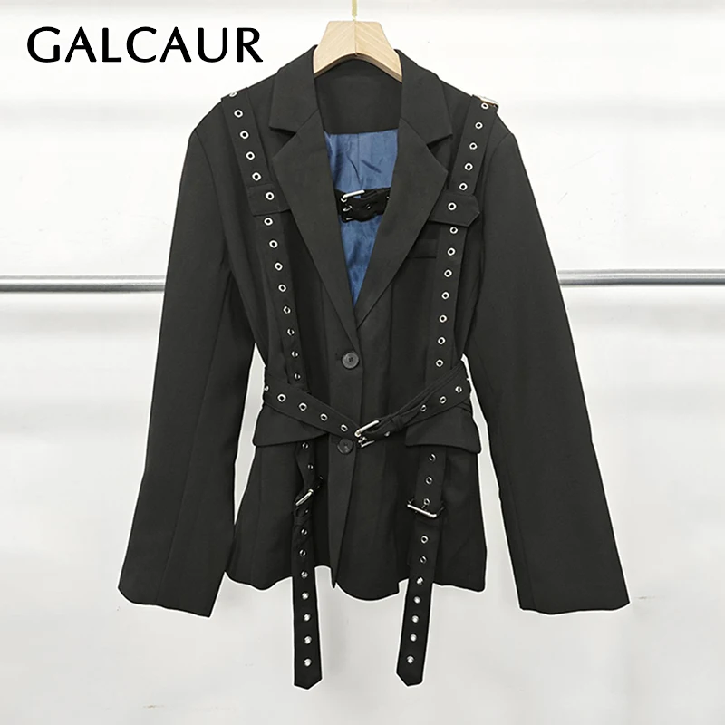 GALCAUR Solid Slimming Spliced Single Breasted Blazer For Women Notched Neck Long Sleeve Patchwork Belt Coat Female Clothing New