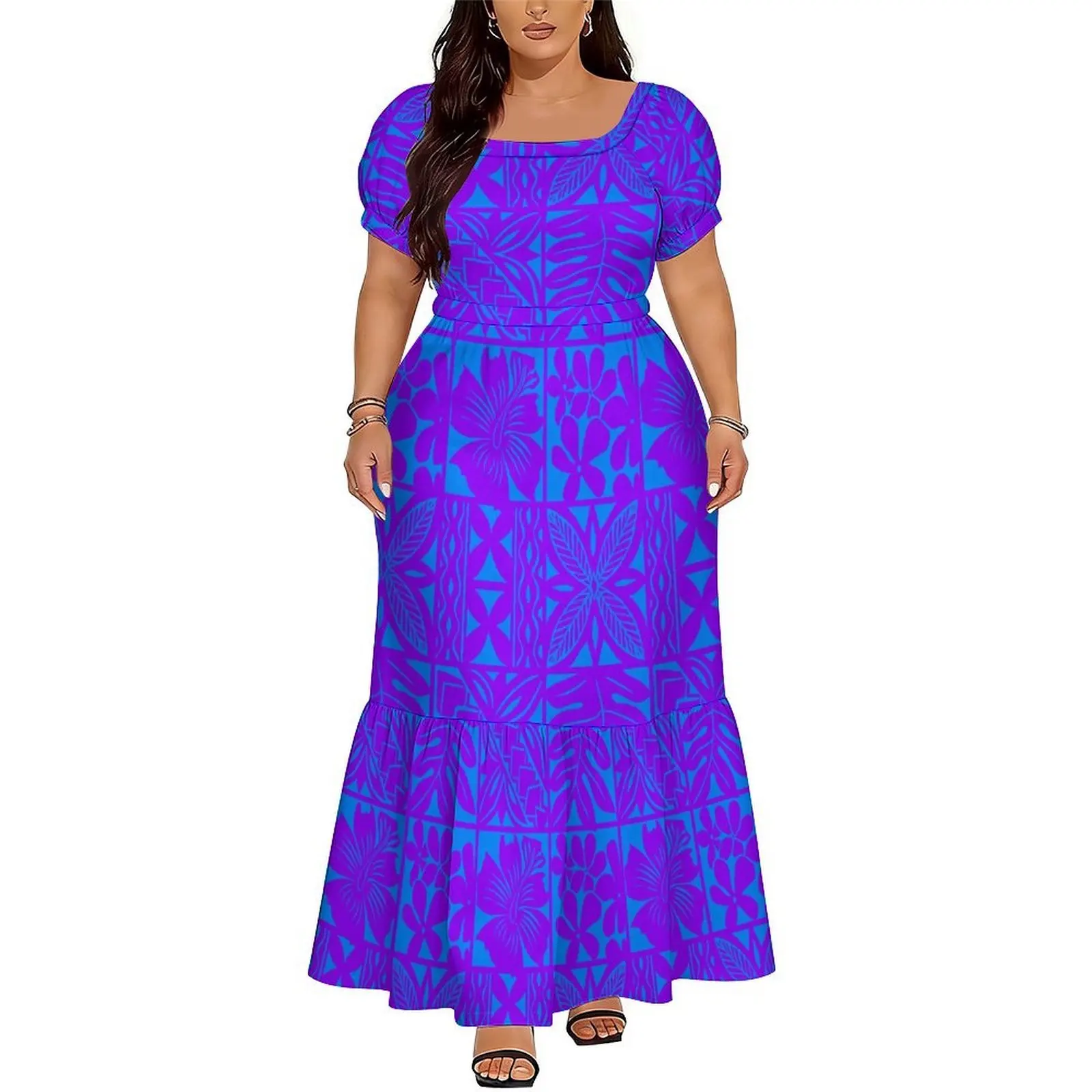 Hot-Selling Elegant V-Neck Long Dress For Women Polynesian Samoan Artistic Floral Print Custom Lace-Up Dress