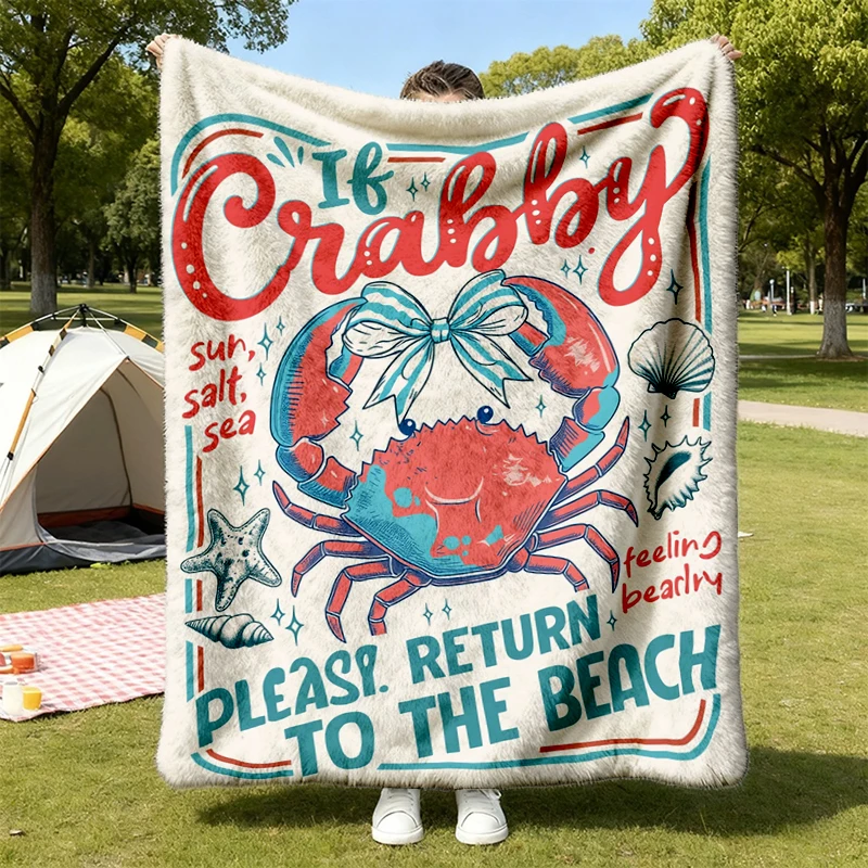 If Crabby Please Return To The Beach Flannel Throw, Preppy Summer Cozy Blanket, Funny Beach Graphic Warm Blanket