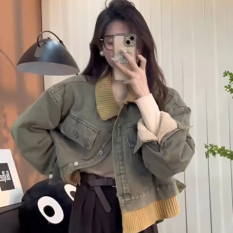 

Denim Coats Winter Fur Plush Womens Autumn-End Early Slim Fit Modern Business Casual Urban Commuting Anti-Odor Quilted Jackets