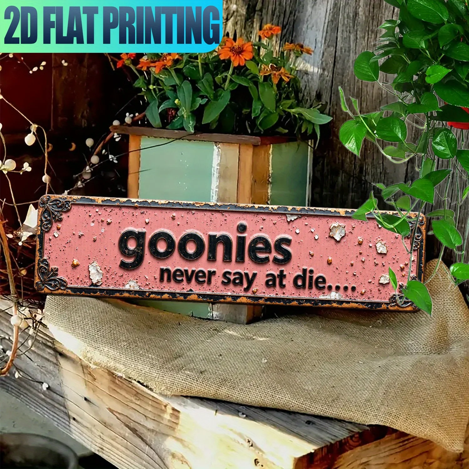 Letrero 2D plano, 1 unidad, Vintage, "Rima antigua, Never Say Defeat", arte de pared de aluminio, adecuado para el hogar, decoración de granja y Po al aire libre