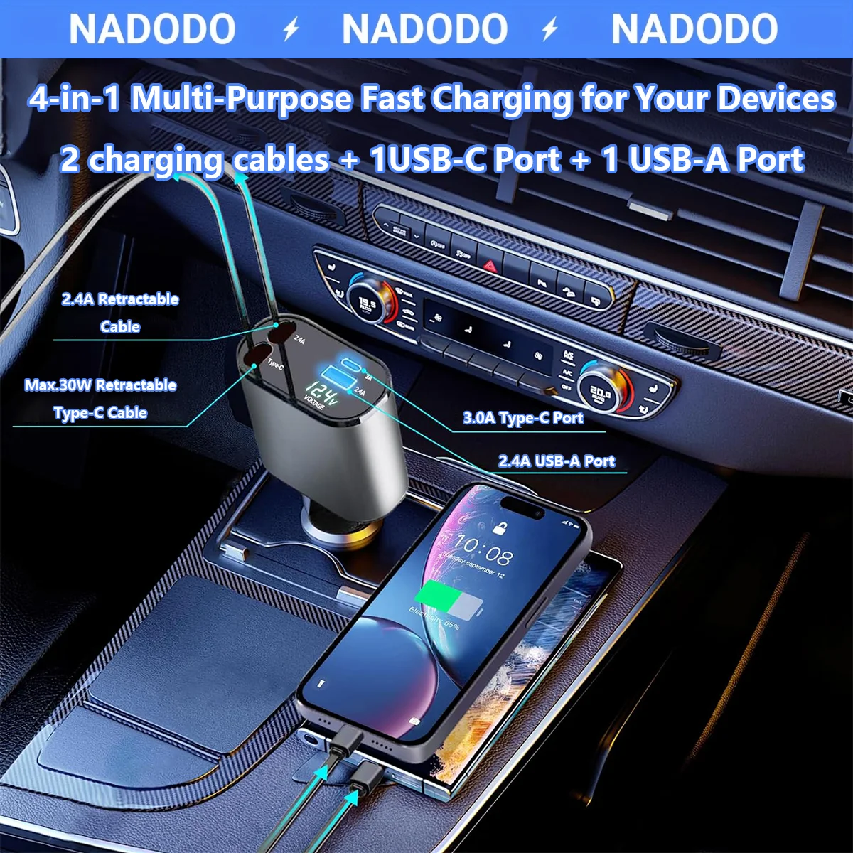 

NADODO Retractable Car Charger 120W USB C Car Accessories Adapter for iPhone 16 15 14 13 12 Fast Charging Road Trip Essentials