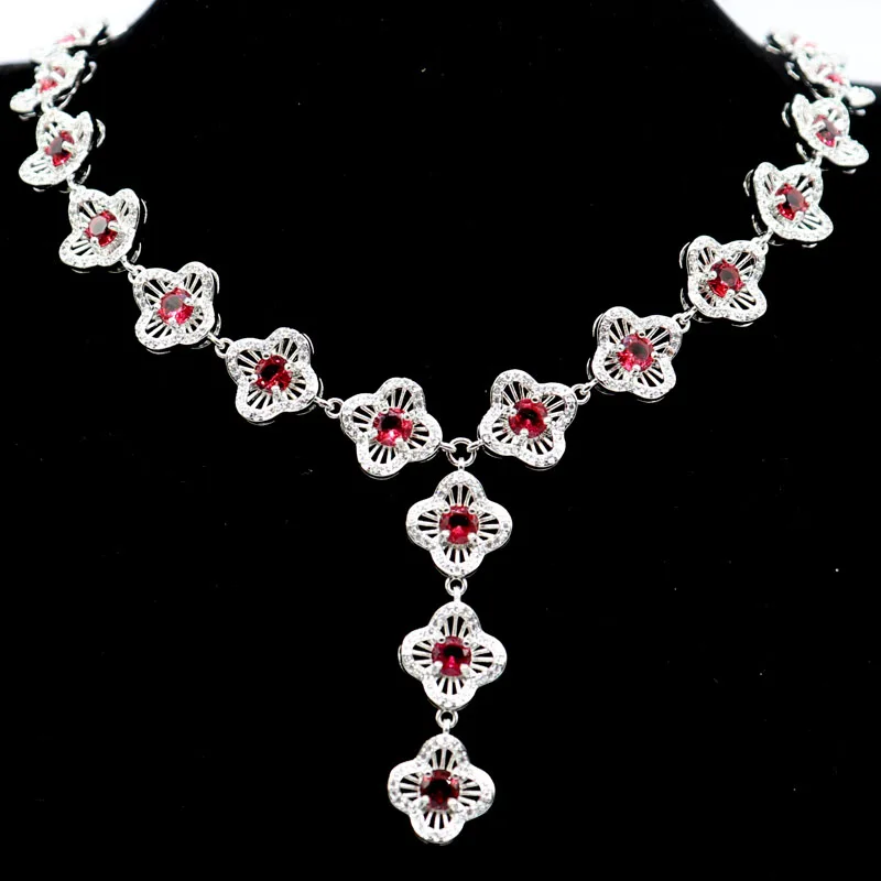 49x13mm Deluxe 43g Flowers Pink Raspberry Rhodolite Garnet Golden Citrine White CZ Women Wedding Silver Necklace 18.0-19.0inch