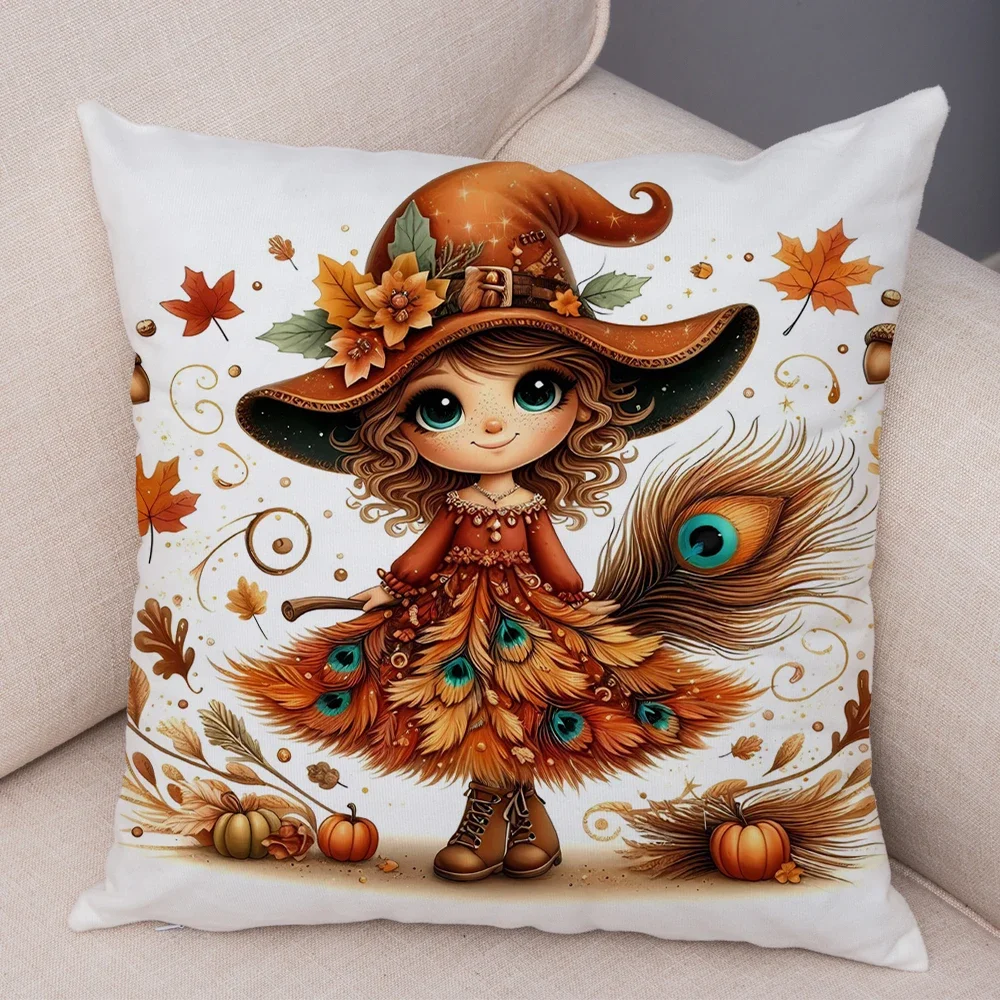 Cartoon Autumn Maple Leaves Girl Cushion Cover Print Cute Children Pillowcase Decor Pillow Case for Sofa Home