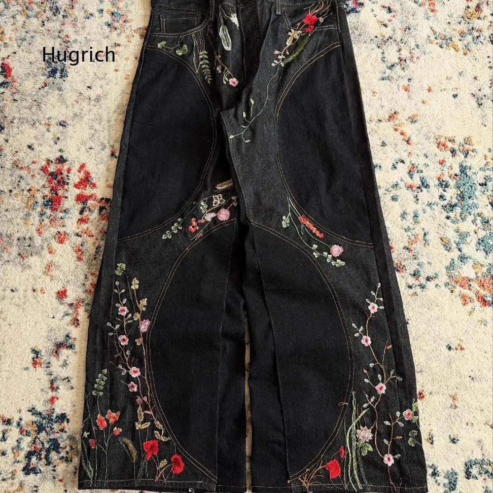 Retro Full Blooming Flower Embroidered Denim Pants Curved Panel Stitching Design Loose Oversized Wide Leg Jean Bottoms