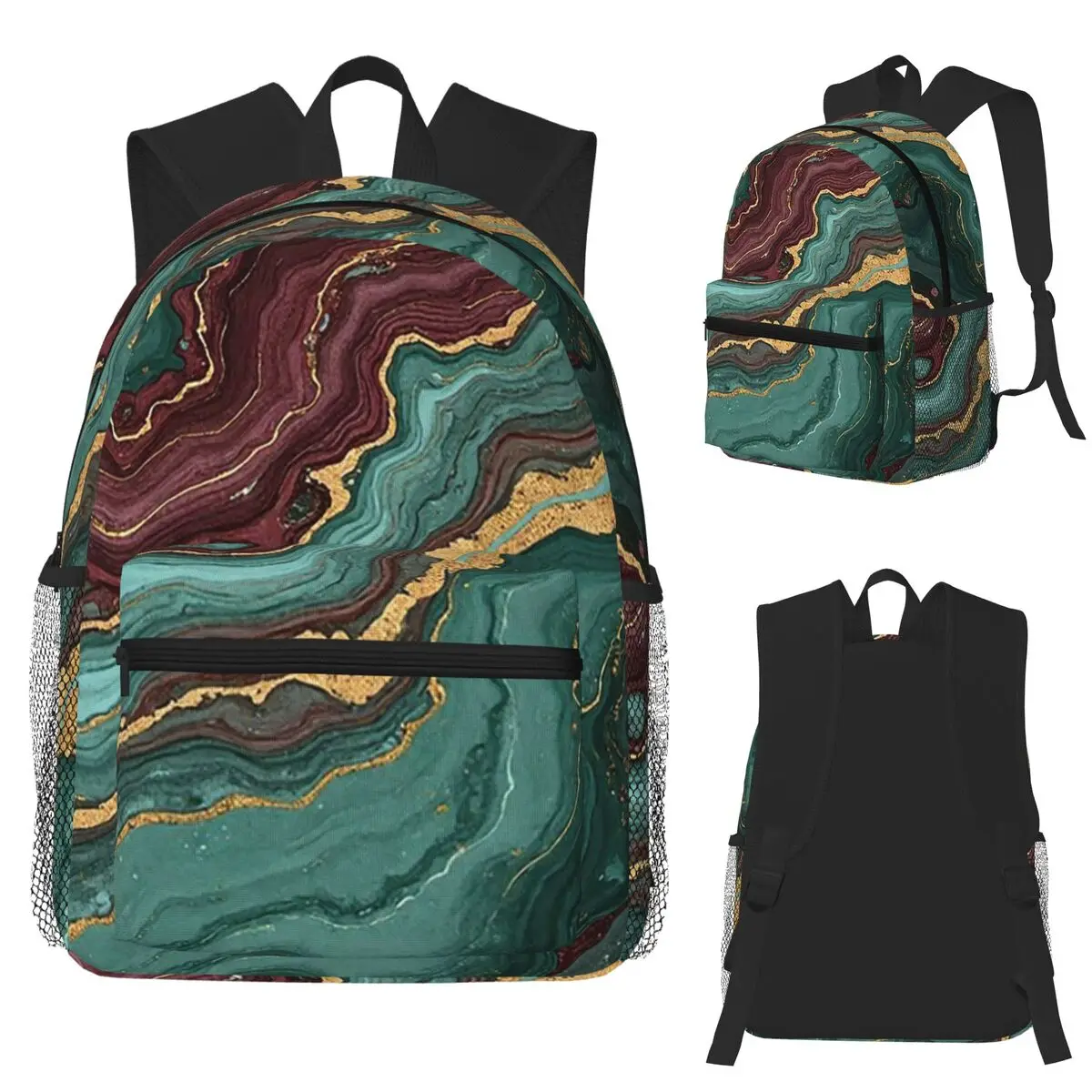 

Emerald And Burgundy Gold Vein Marble Pattern Student Backpack School Bag Daypack for Boys Girls Fashion Bookbag Shoulder Bags