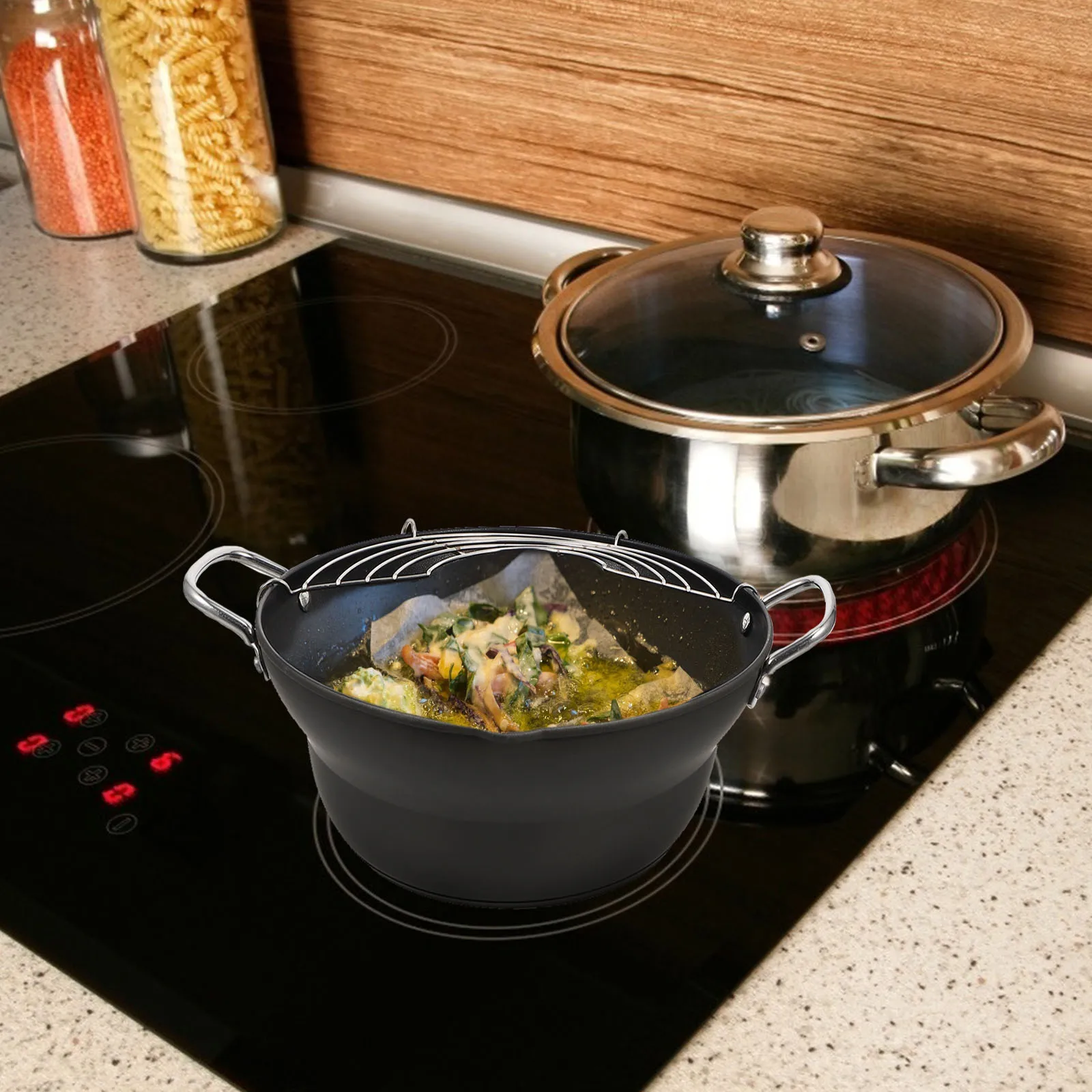 

1 pc Japanese Style Tempura Mini Frying Pan Non-Stick Induction Cooker Compatible Drainable Deep Fryer Pot Portable Stainless