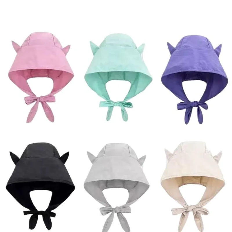Y2K Little Devil Strap Quick Dry Sun Hat Thin Ear Flap Hood  Cute Cat Ears Design Summer UV Protection Headscarf Beach Cap