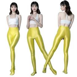 sexy women Satin Silky work out Leggings high waist Smooth Yoga bodybuilding tights front crotch seamless one-piece glossy pants