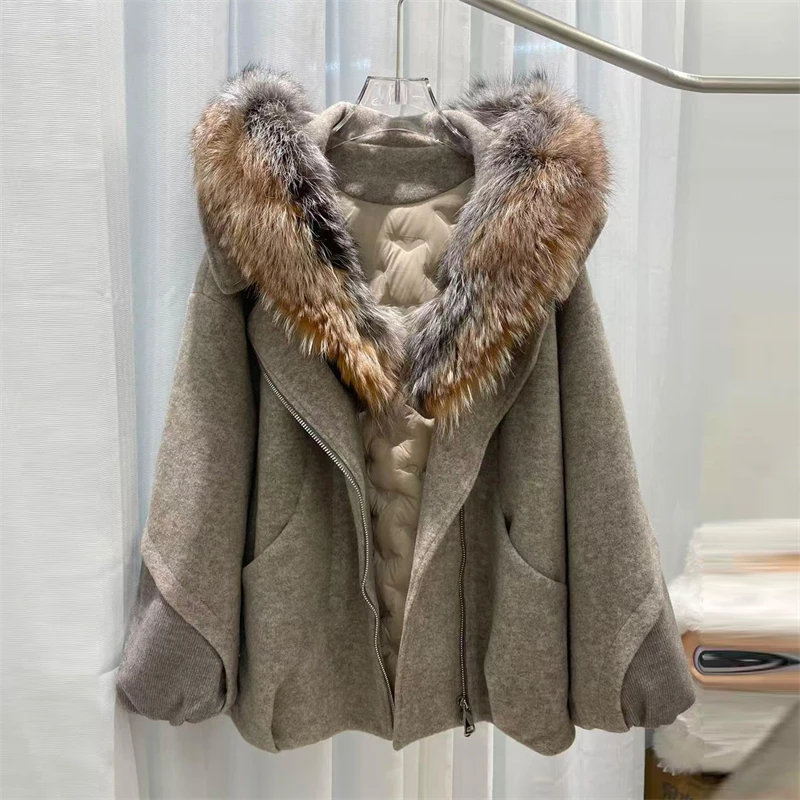 High-quality winter new style fox fur collar hooded white goose down jacket fashionable mid-length thick warm loose-fitting coat