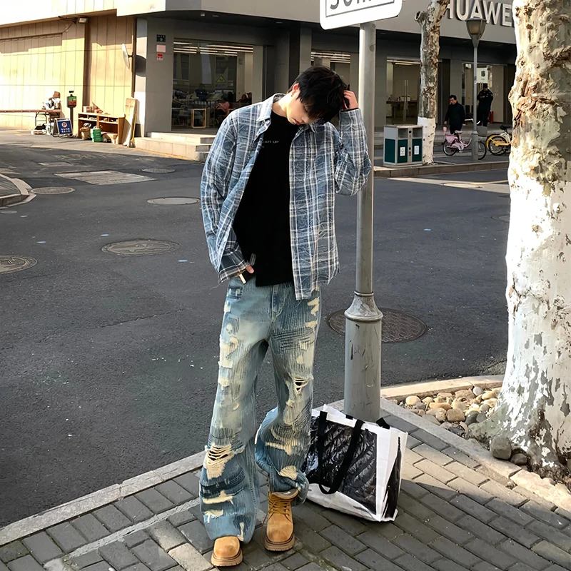 

Retro American Plaid Long Sve Men's irt Spring Autumn Waed Trendy Tree Patterned Vintage Outerwear Casual irt