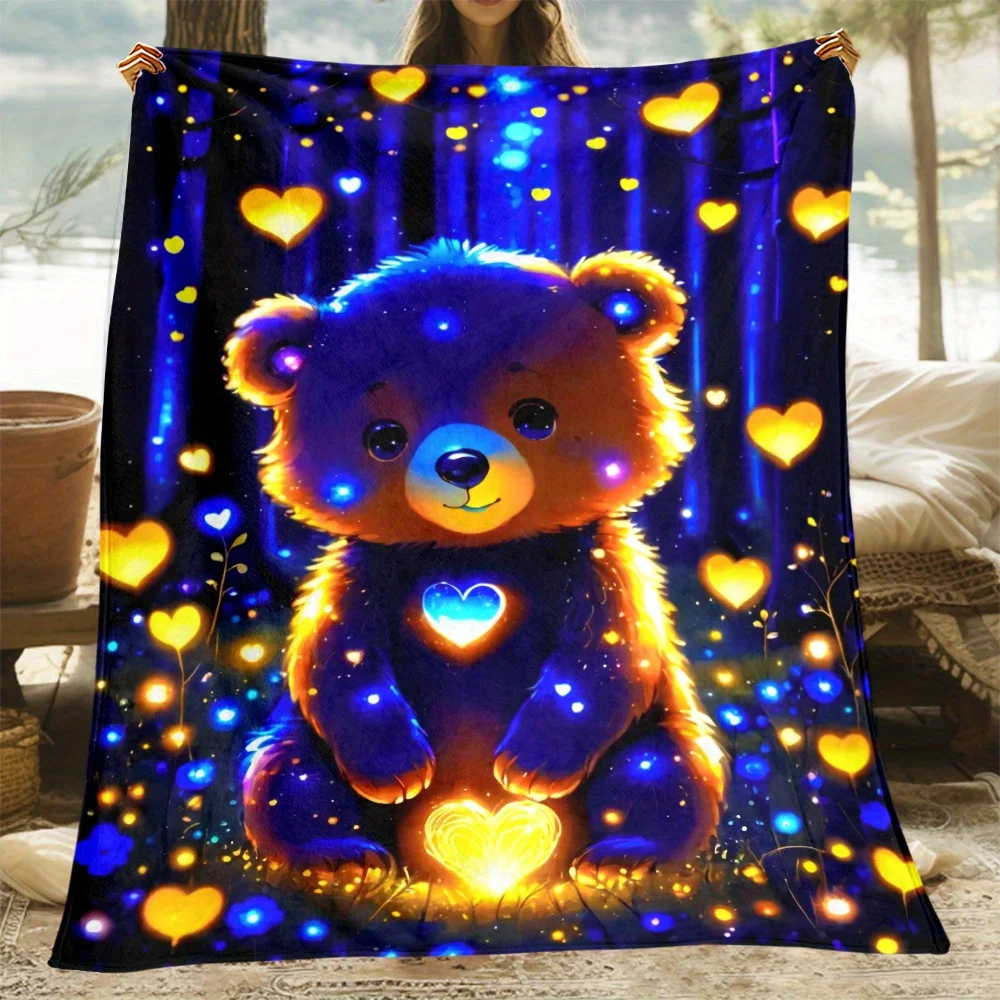 Bear with Hearts Blanket, Magical Forest Design Throw for Kids and Adults, Soft Fleece Material, Multiple Sizes Available