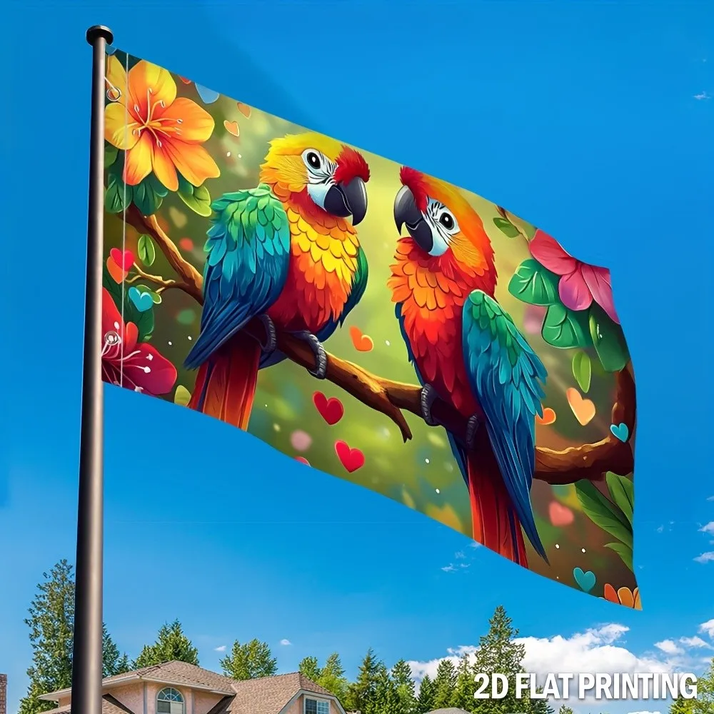 Vibrant Tropical Parrot Flag Colorful Macaw Love Birds Polyester Outdoor Garden Decoration