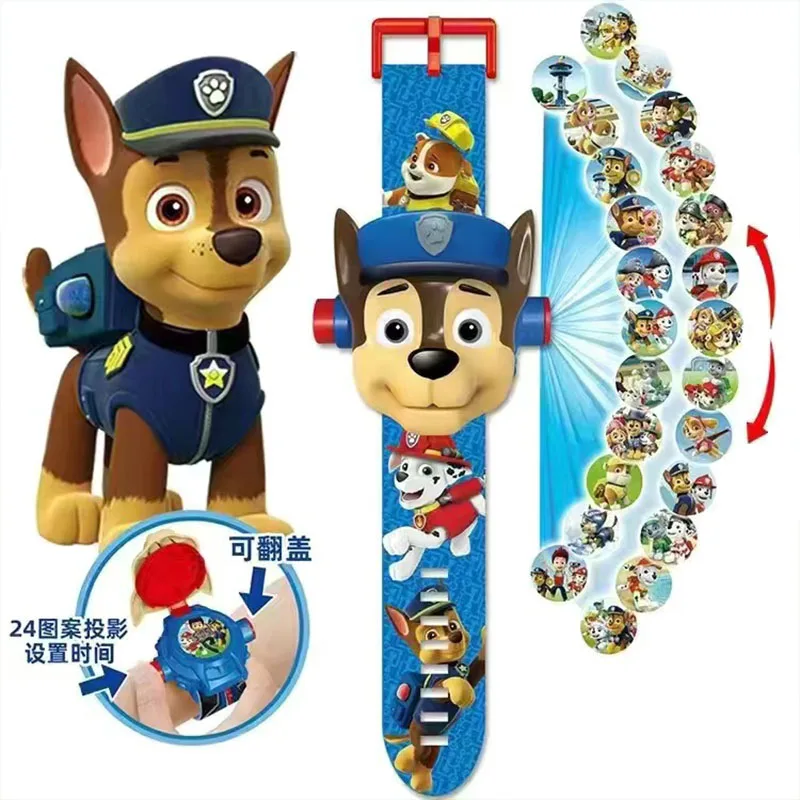 Paw Patrol Watch Cartoon Anime 3D Projection 24 Pattern Chase Skye Electronic Watch Marshall Rubble Watch Wristband Gift for Kid