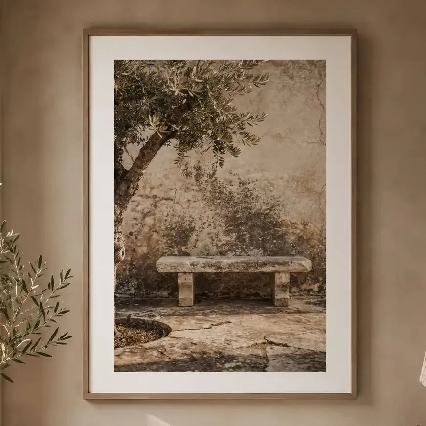 Bench Under Olive Branches Poster,Canvas Wall Print,High‑Grade Home Decoration Artwork for Bedroom,Living Room,Office & Interior