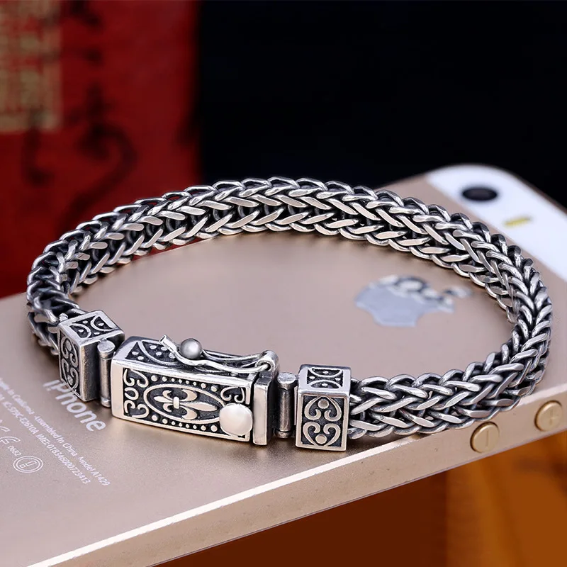 S925 Sterling Silver Charm Bracelets 2021 Popular Retro Totem Double Row Woven-Chain Pure Argentum Amulet Bangle Jewelryfor Men