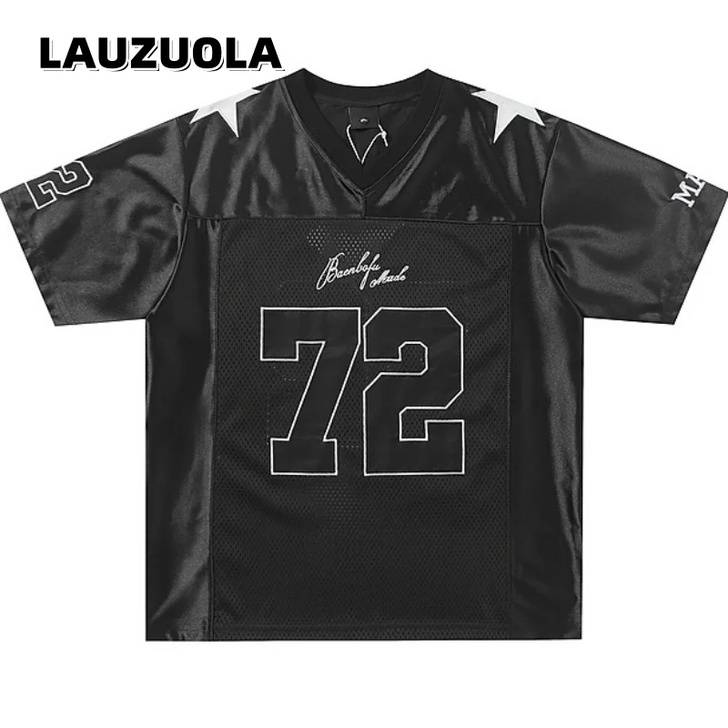 Hip Hop Men Spliced Satin Mesh Football Tee Graphic Oversized V Neck Vintage Sports Jersey Street Short Sleeve Tops Tees