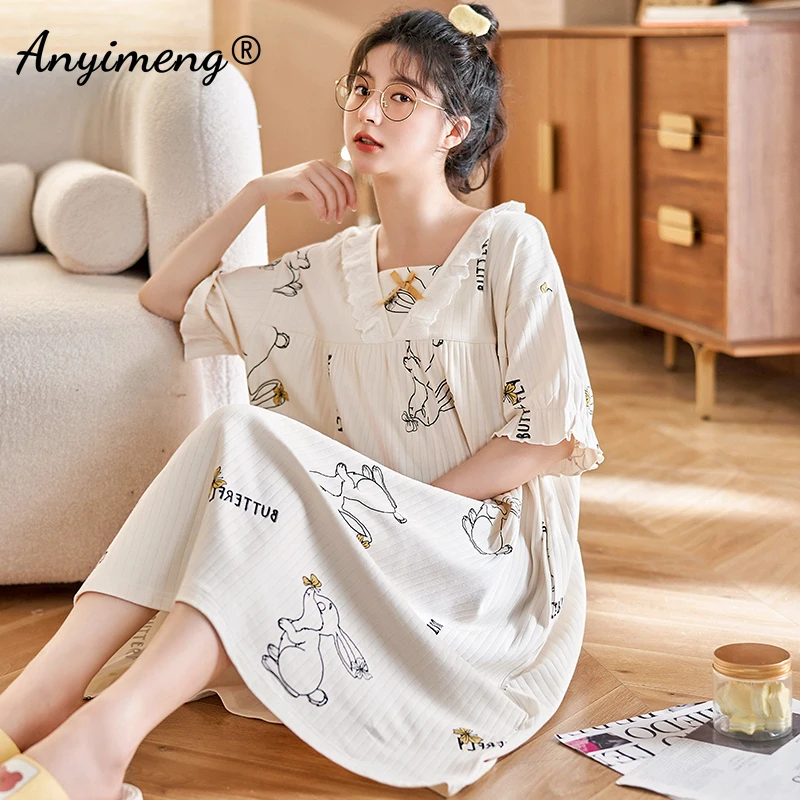 New Summer Kawaii Bear Printing Women Nightdress Close Skin Breathe Freely Homedress M-3XL Soft Cotton Loose Woman Nightgowns