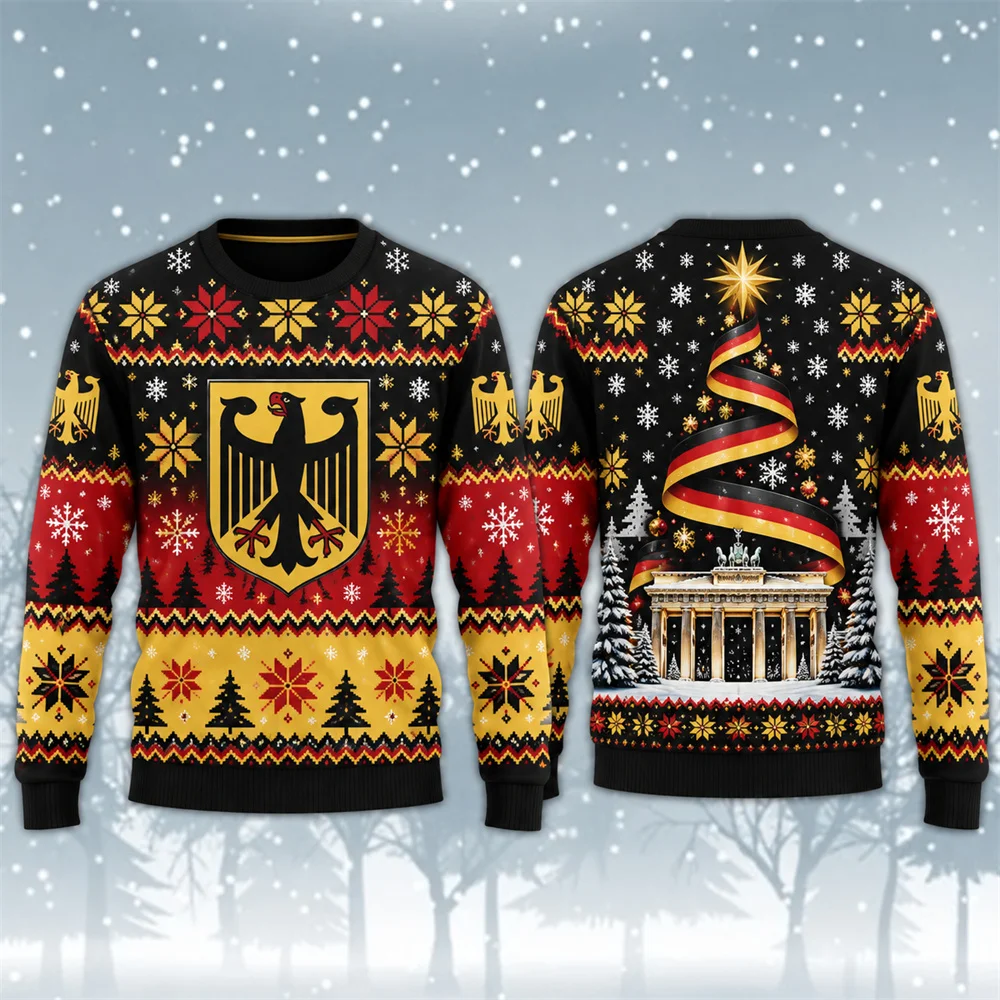 National Emblem Christmas Tree Design Sweatshirt For Men Pride Crew Neck Pullover Ugly Sweater Holiday Fashion Landmark Building