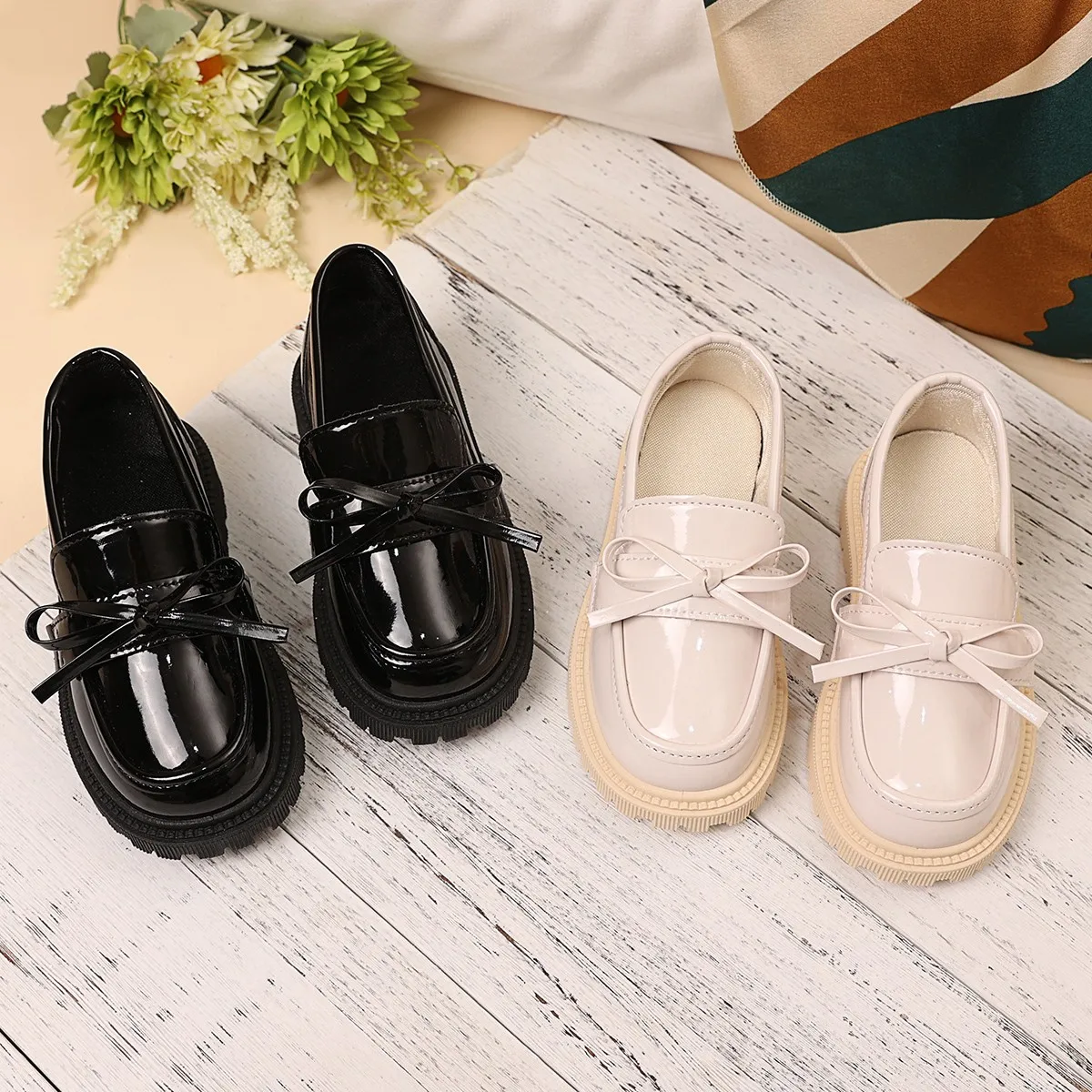 2025Autumn Kids Uniform Shoes Black Glossy for School Girls Performance Shoes Simple Bows Children Flat Shoes Round Toes Loafers
