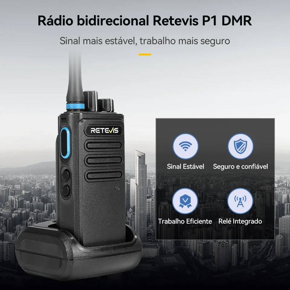 Retevis P1 DMR Radio Cominicador Longo Alcance,UHF Digital Walkie Talkie Longo Alcance Profissional,Rádio Comunicador de Longa Distância Superhet AES256,Radio de Comunicação Portátil Recarregável Type C