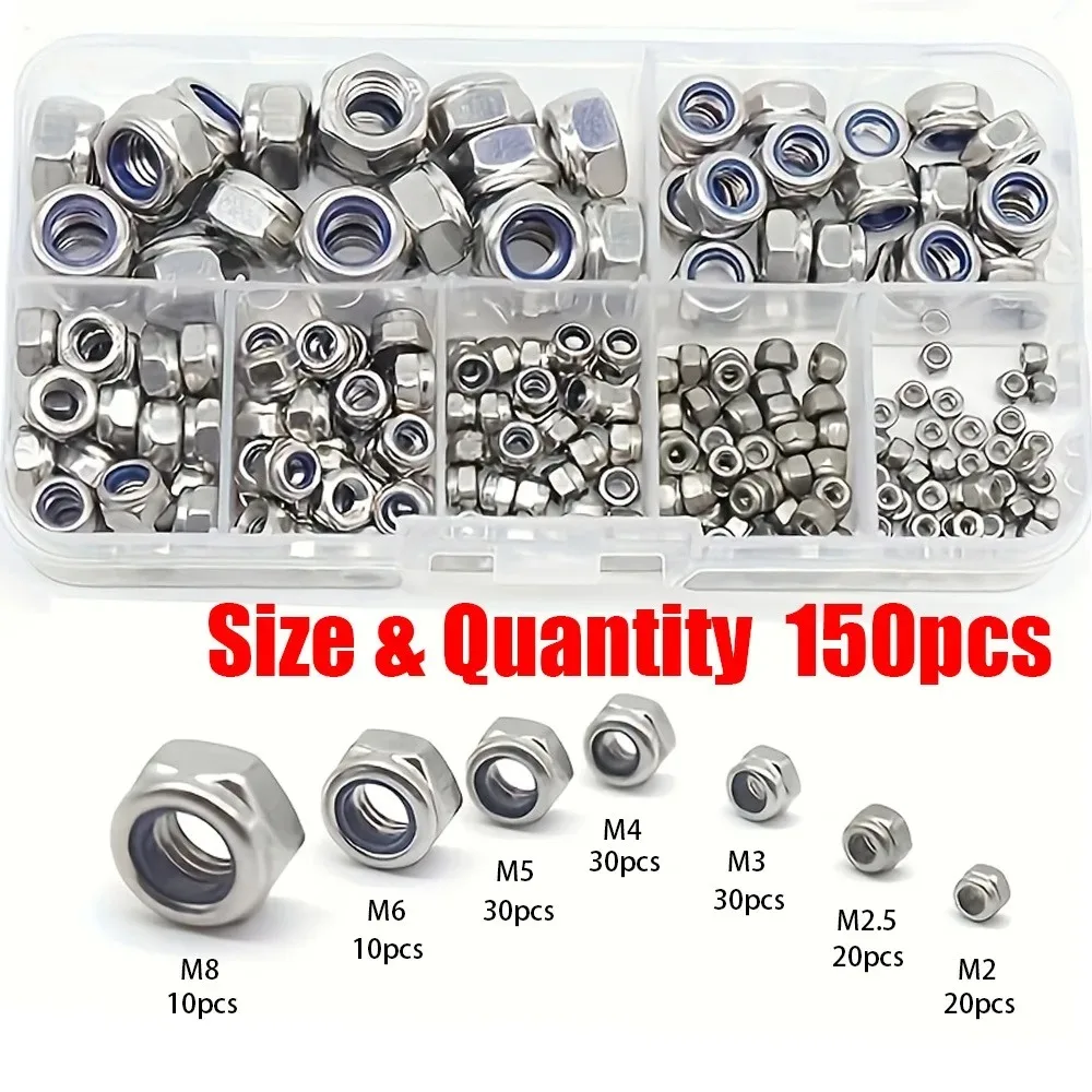 150 Stainless Steel Nylon Embedded Anti-Slip and Anti-Loosening Self-Locking Nuts M2 M2.5 M3 M4 M5 M6 M8