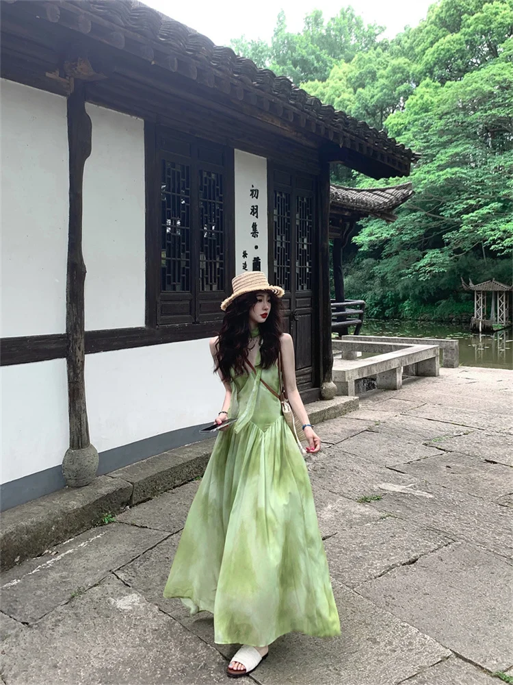 Fresh Light Green Printed V-neck Holiday Dress for Women Gentle Versatile Long Camisole Vestidos Sweet A-line Summer Dresses