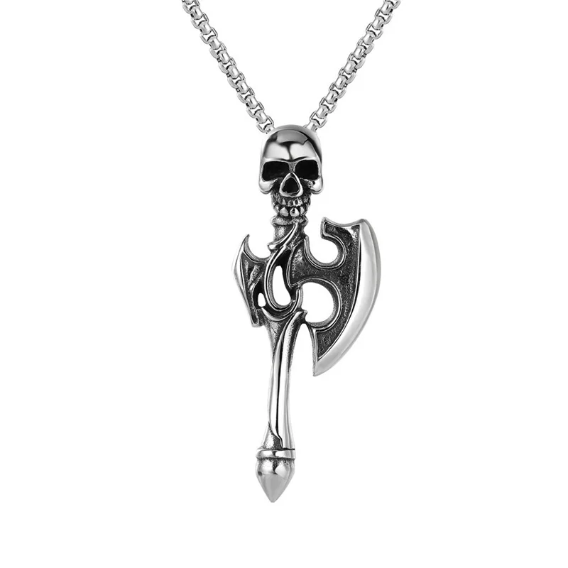 Men's Creative New Skull Battle Axe Titanium Steel Pendant Necklace Unique Personality Hip Hop Trendgift Party Birthday Jewelry