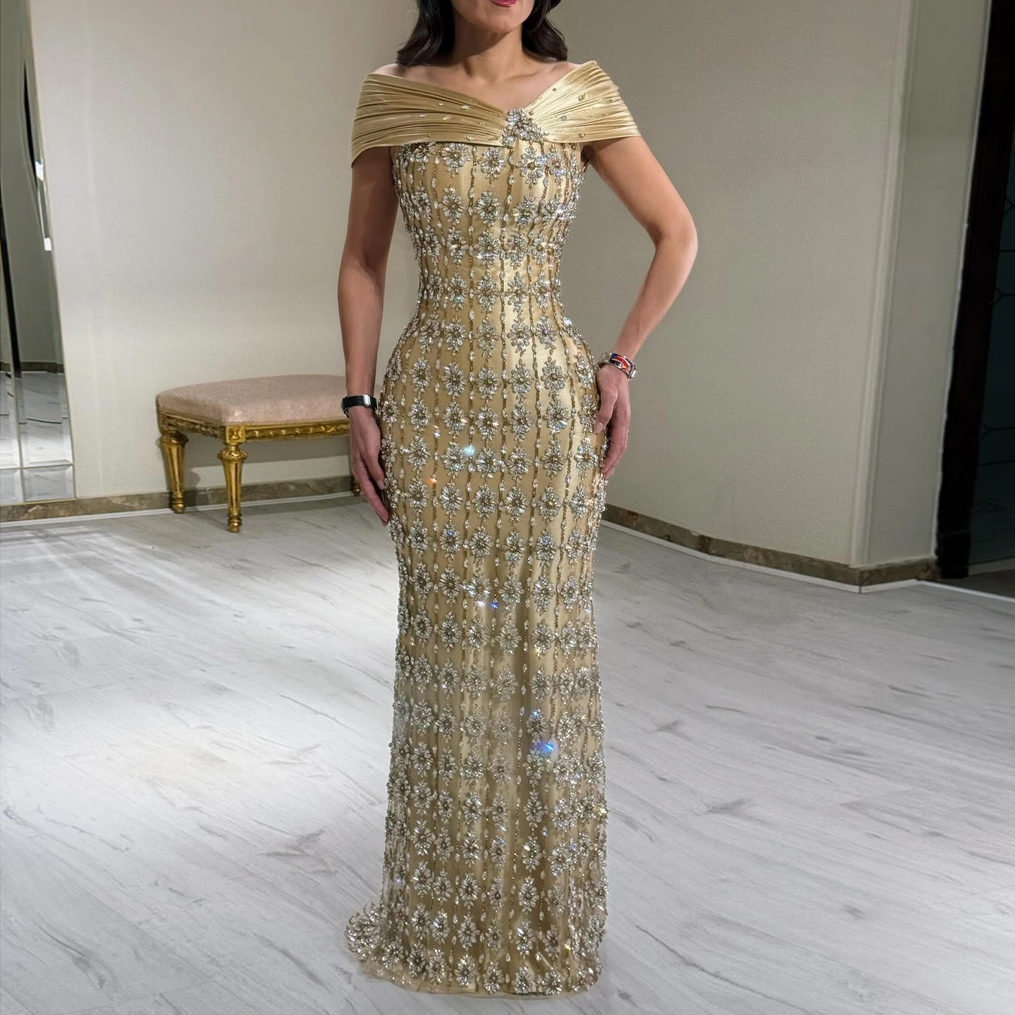 Sharon Said Luxury Gold Mermaid Evening Dress Off Shoulder Crystal Beaded Pleated Saudi Women's Formal Gowns SS217 Customized