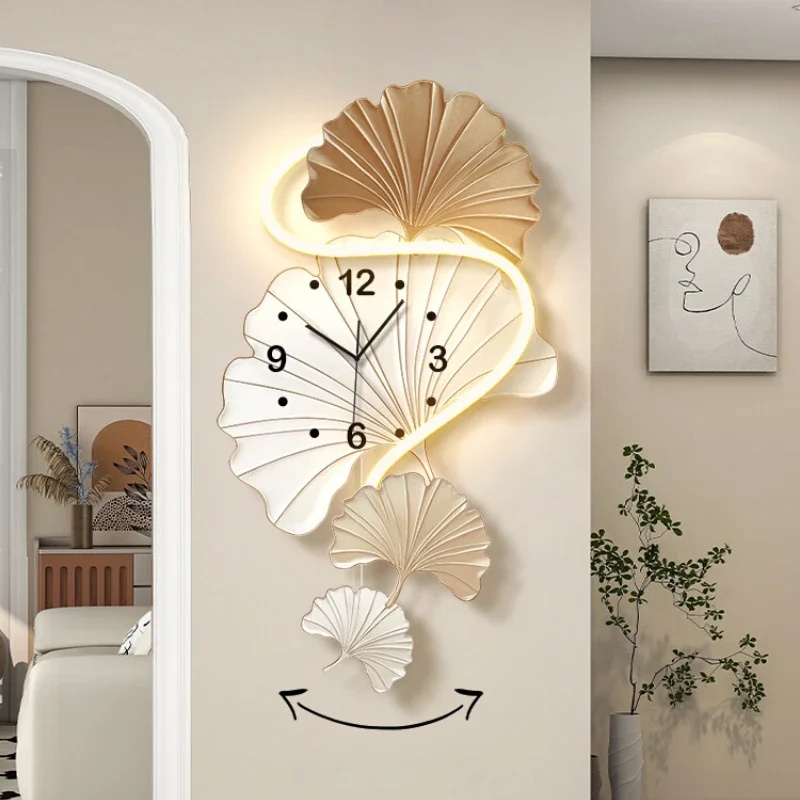 Cream Style Home Decor LED Lights Wall Clock Living Room Decoration Ginkgo Leaf Creative Silent Clock Swing Clock