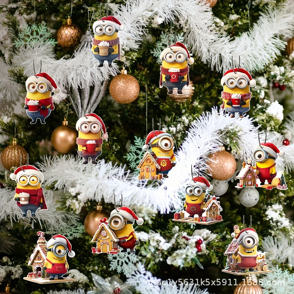 12/24/36PCS Minions Christmas Party Decorations Wooden Mini Christmas Tree Hangers Suitable for Christmas Tree Home and Party De