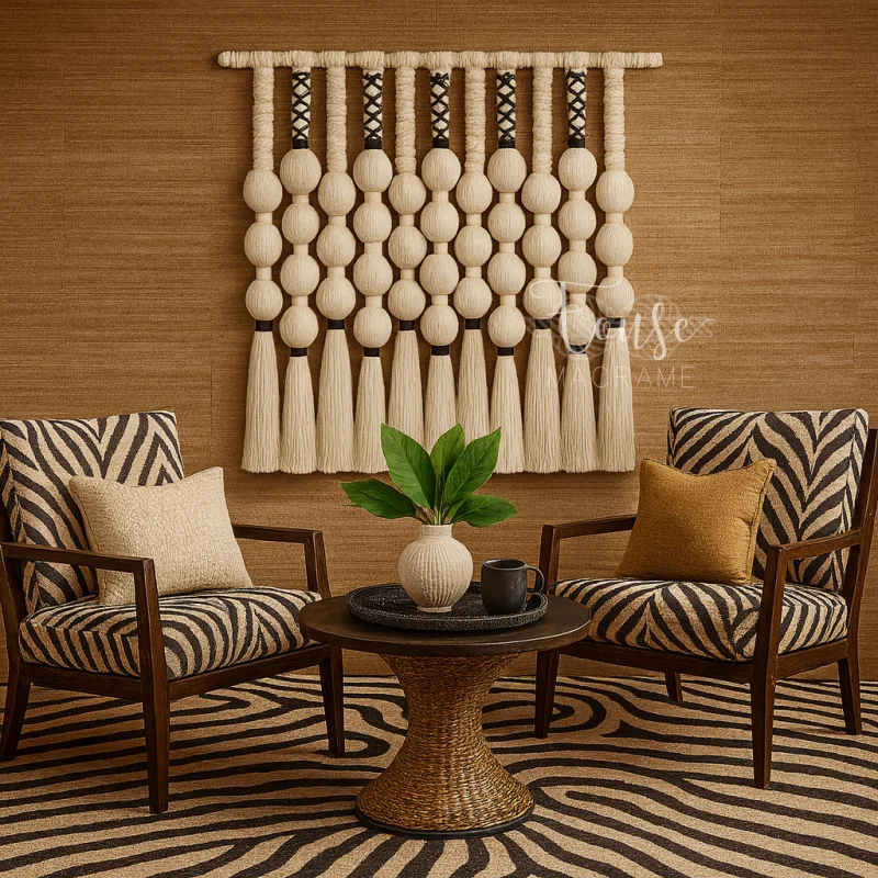 Chic Black White Ball Macrame Wall Hanging Tassel Decor Modern Boho Wall Art for Contemporary Home Living Room Bedroom