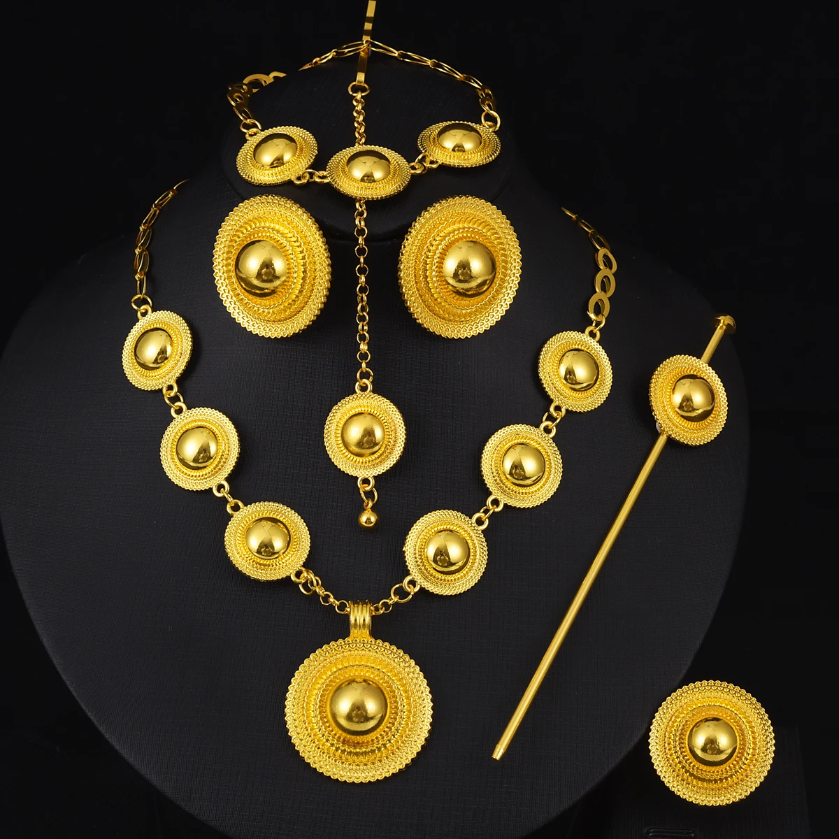 Luxury Golden Color Ethiopian Jewelry Set Pendants Earrings Ring Head Chain Bracelet 6-Piece Set African Eritrean Wedding Gift