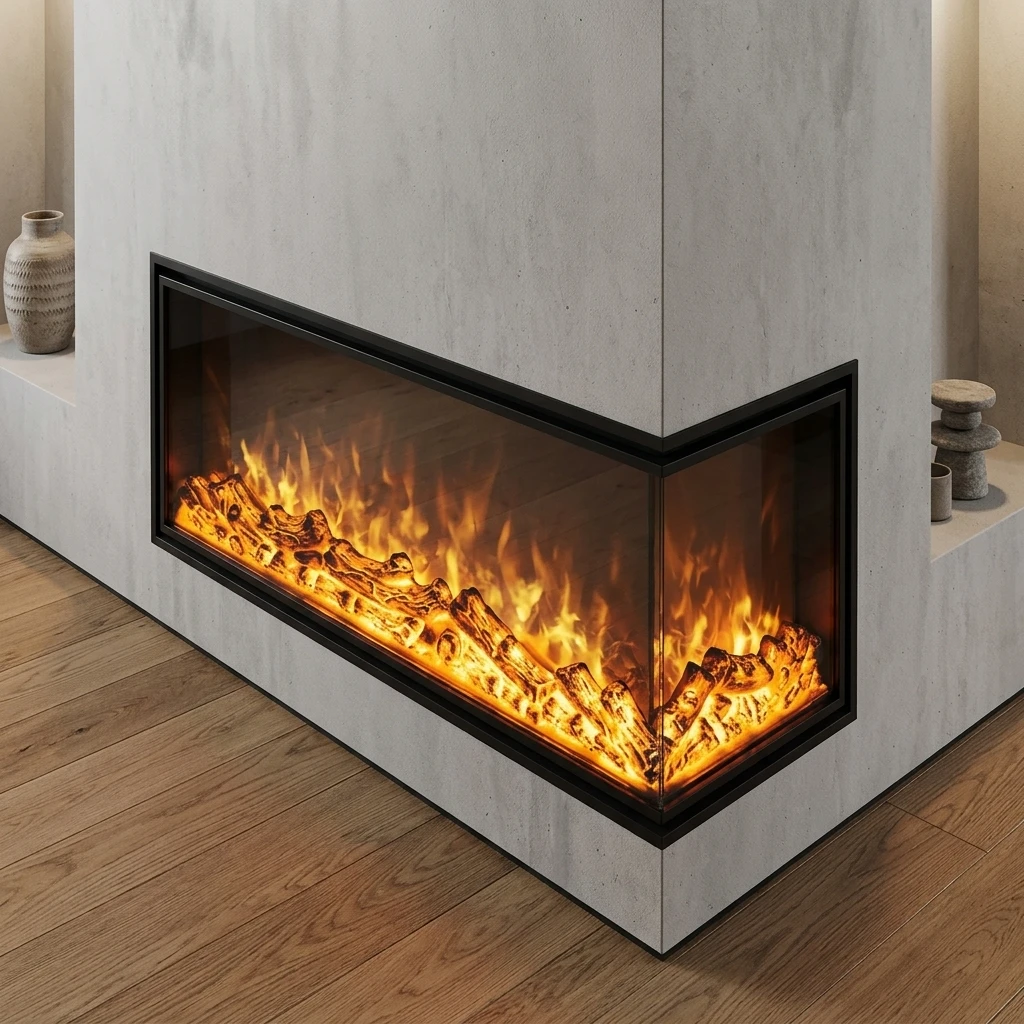 L-Shape Electric Fireplace Insert Multi-Sided LED Flame Double Sided 3 Sided 4 Sided Modern Designer Indoor Heater