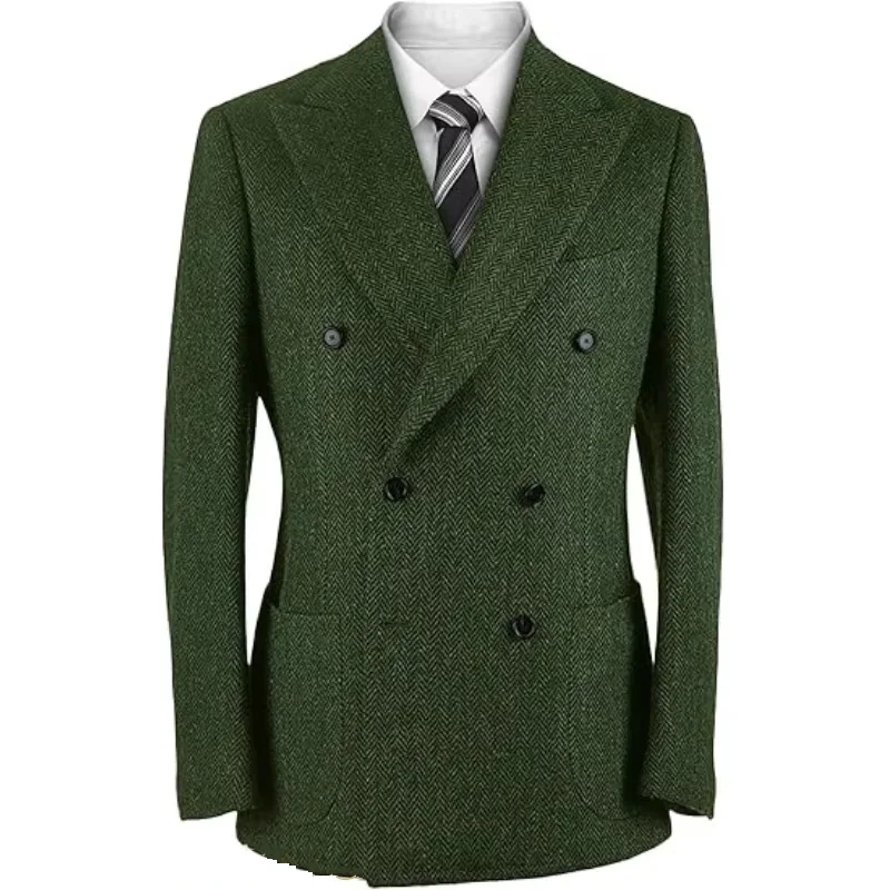 

Vintage Herringbone Tweed Blazer British Peak Lapel Woolen Blend Tuxedo Jacket Fashion Double Breasted Men's Custom Suit Coat