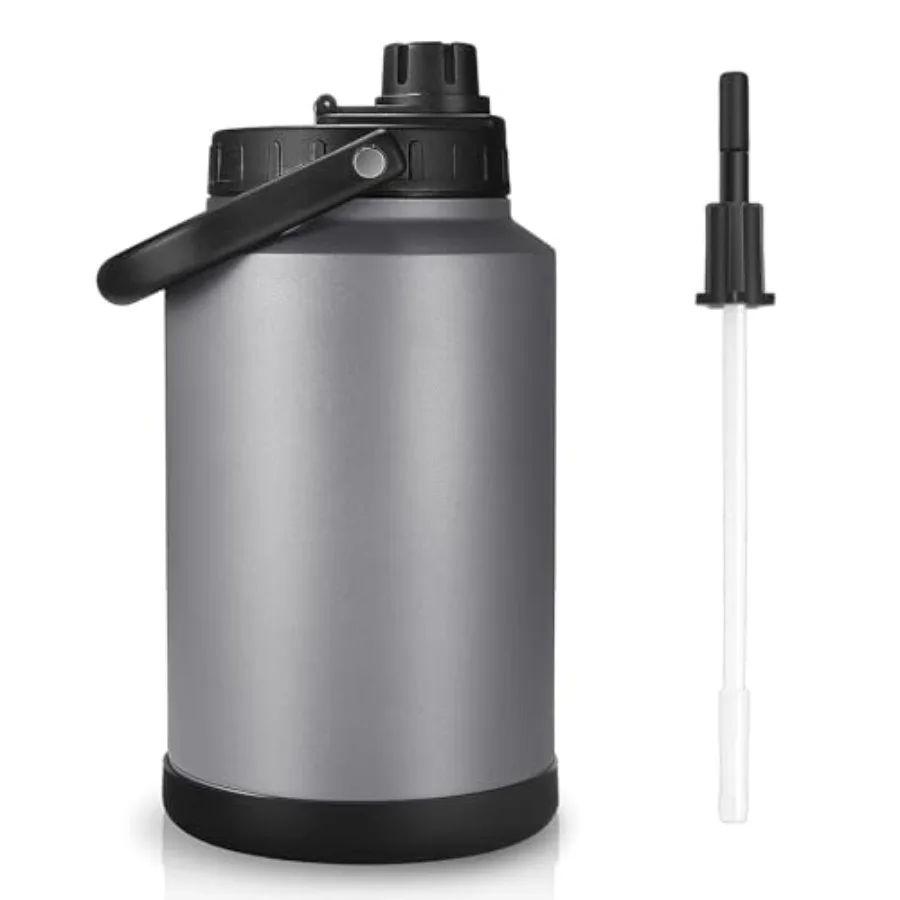 

1 Gallon Insulated Water Jug wtih Straw Stainless Steel Large Sports one Gallon Water Bottle for Travel Hiking Camping Grey