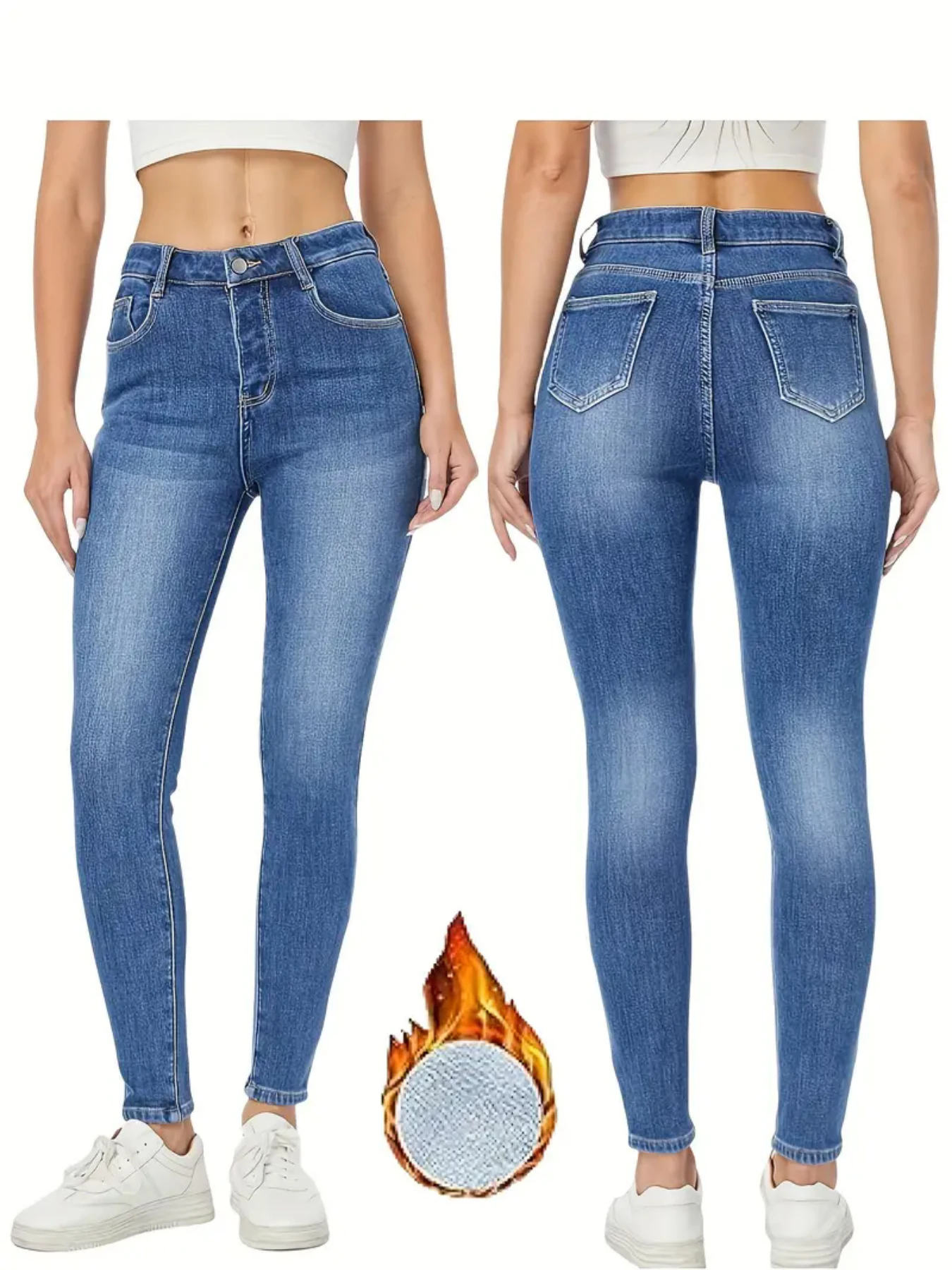 Women's Winter Fleece Lined Warm Jeans High Waist Skinny Stretch Slimming Pants Deep Blue Cuffed Design Comfortable Versatile Vi