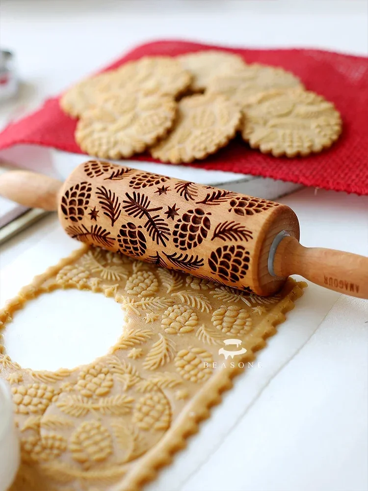 Christmas wooden pine cone and needle leaf printing carving rolling pin embossed cookie stick