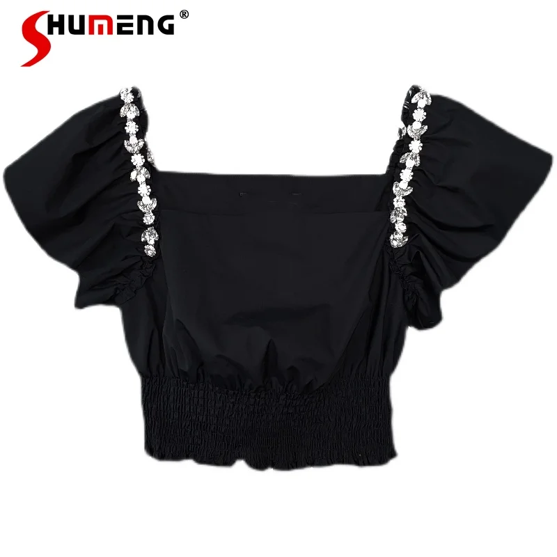 2023 New Summer Ladies Exquisite Rhinestone Shiny Black Short Shirt Female Fashion Elegant Slimming Waist Puff Sleeve Blusas Top