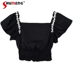 2023 nuove signore di estate squisito strass nero lucido camicia corta moda femminile elegante dimagrante vita manica a sbuffo Blusas Top