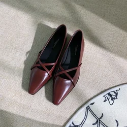 Fashion Cross Strap Women Mary Jane Shoes New 2024 Autumn Pointed Toe Dress Flat Shoe Ladies Red Soft Sole Ballet Shoes Zapatos