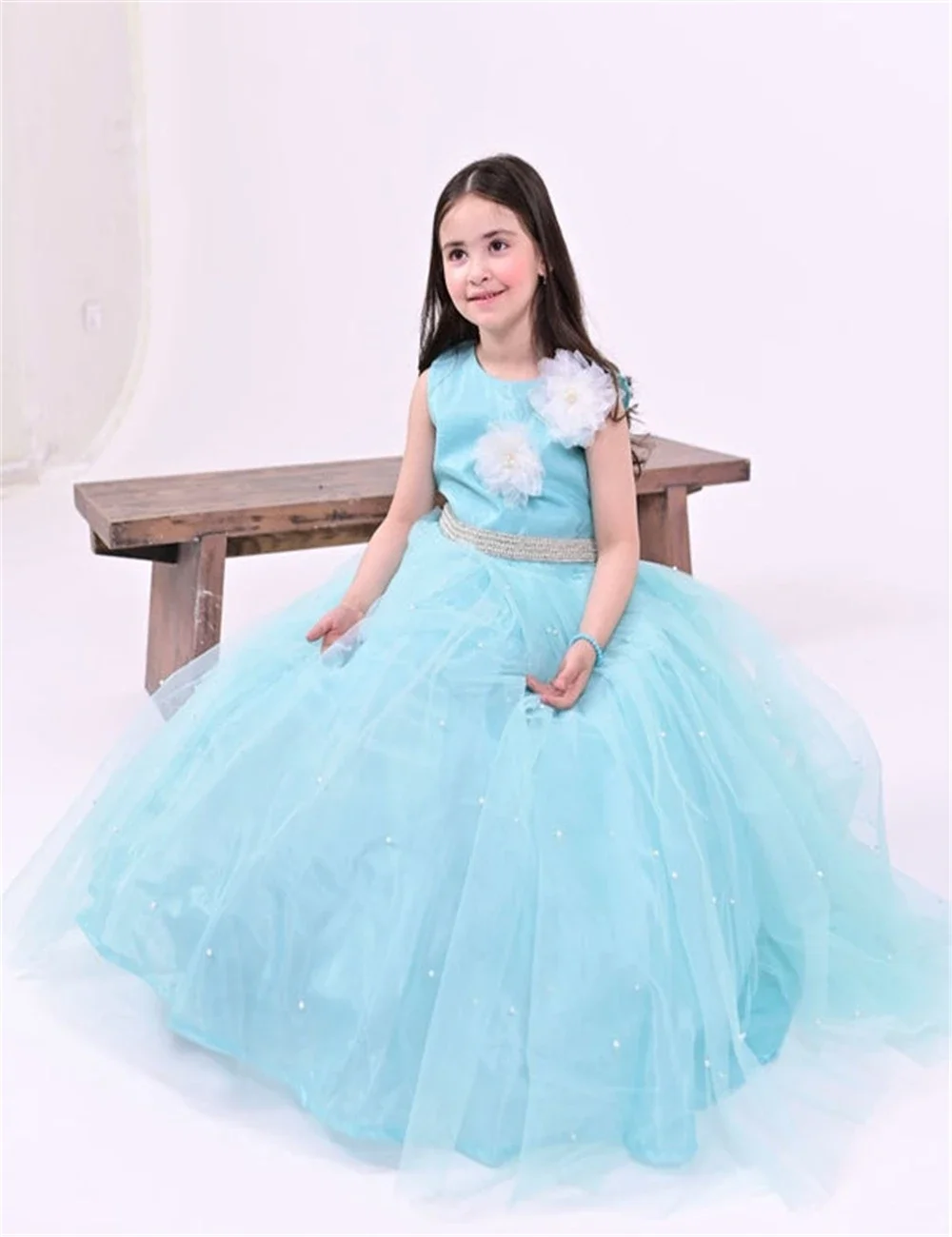 Family Banquet Flower Girl Dress Lovely Blue Type fluffy Sticker For Wedding Tulle Shiny Kids Birthday Gift Party Communion Ball