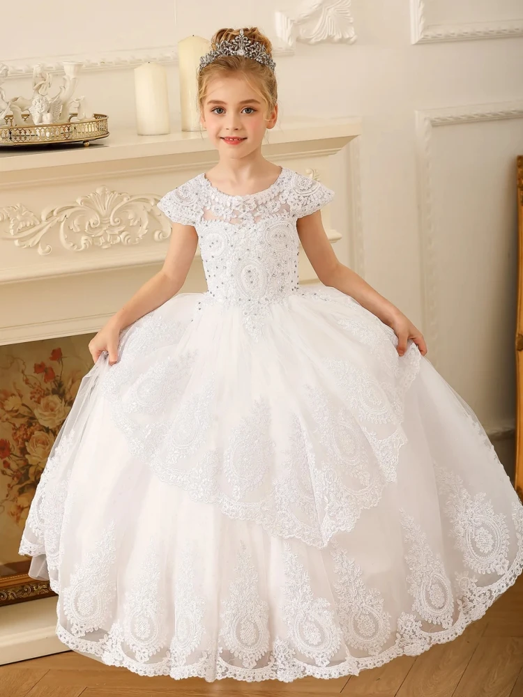 Flower Girl Dresses White Tulle Lace Flory Appliques Sleeveless For Wedding Birthday Party Banquet Holy Communion Gowns