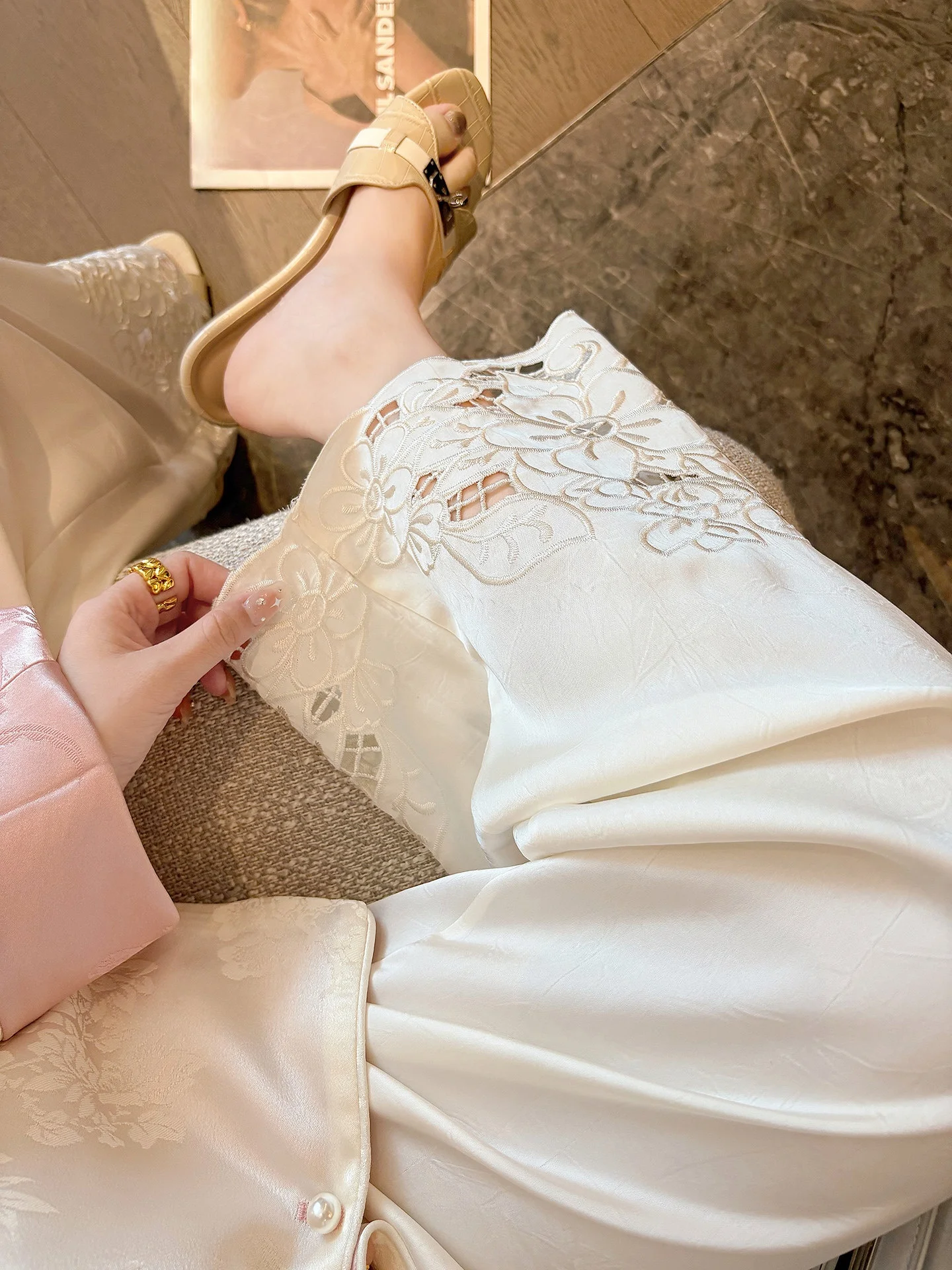 

Elegant High Waist Draped Hollow Embroidered Silk Wide Leg Pants Women's Casual Straight Cut Spring Fashion plus Size