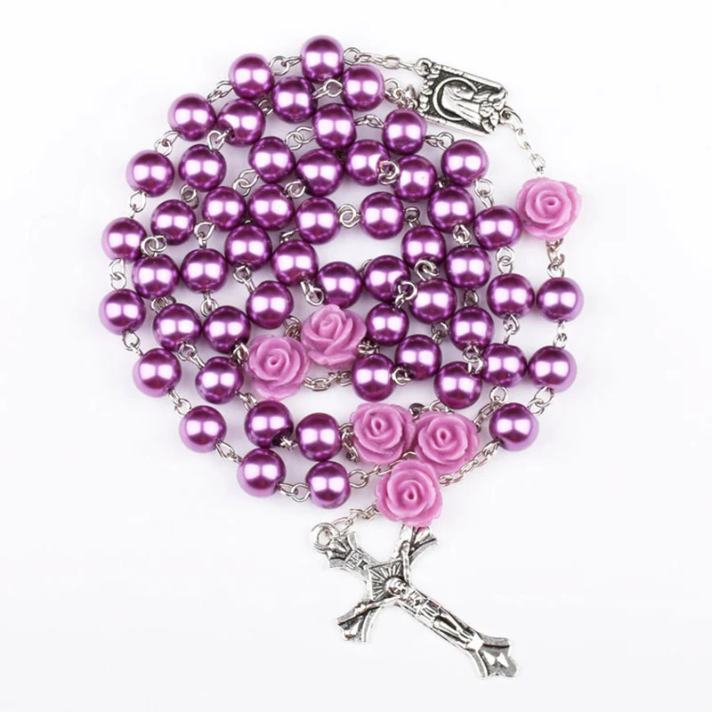 Catholic Purple Glass Beads Rosary Necklace For Women INRI Cross Crucifix Pendant Rose Chain Fashion Religion Jewelry